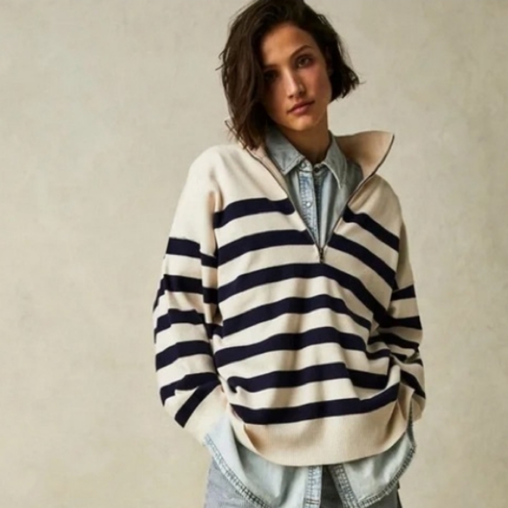 NWT Free People Castal Stripe Pullover In Carbon Champagne Cream Sweater Size M - Picture 2 of 10